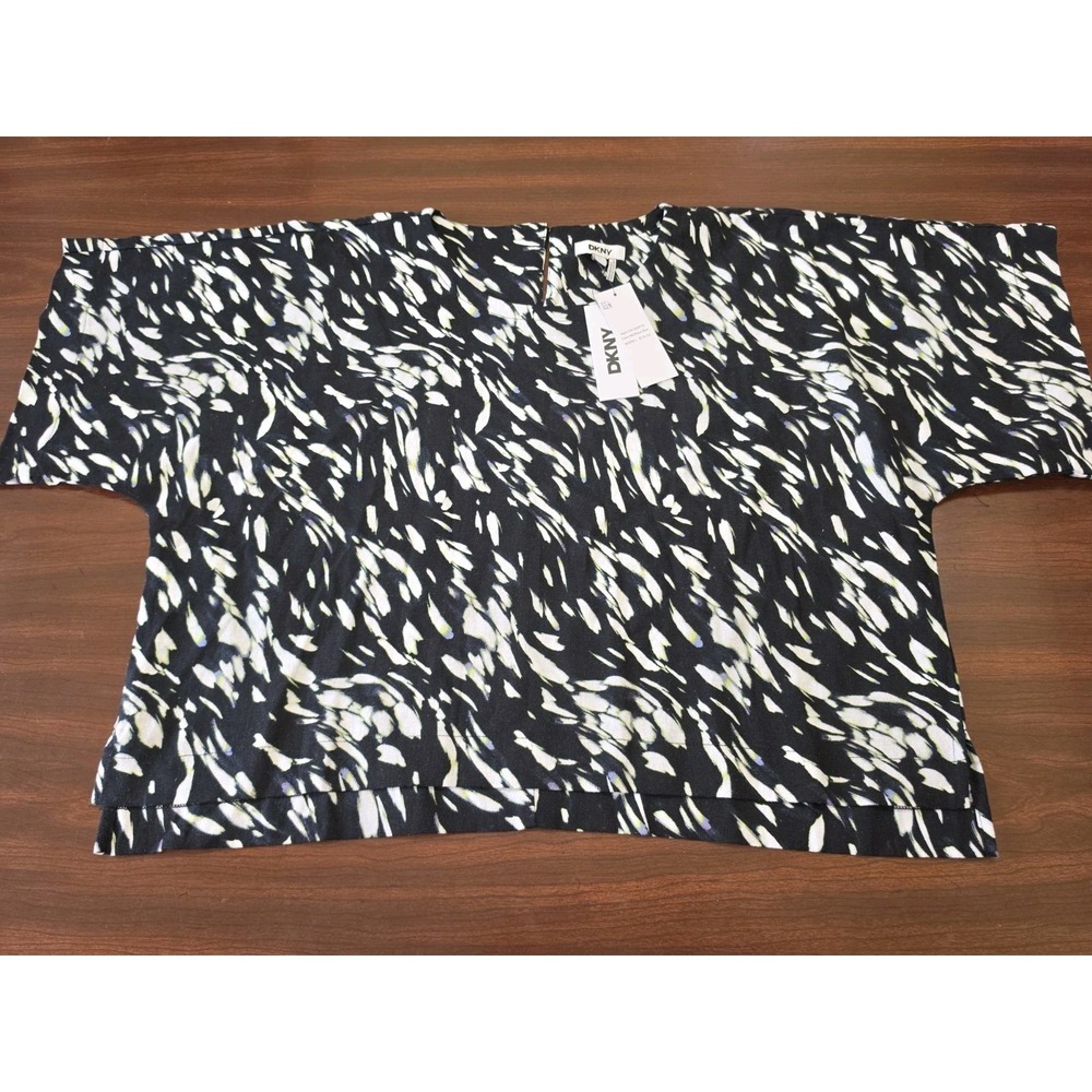 DKNY Top NWT Women XL Black Wave Blue Abstract Print Short Sleeve Linen Blend